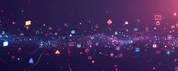 Wall Mural - Seamless transition from dark to light purple background with abstract digital communication icons floating dynamically.