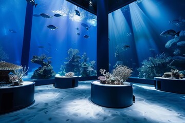 A large public aquarium with several large viewing tanks. The tanks are filled with water and various marine life, including fish, coral, and other sea creatures.