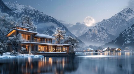 Wall Mural - A modern luxury house with snowcovered roof, next to the river in front of it is an old wooden village and behind them