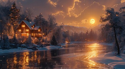 Wall Mural - a photo of a beautiful house in the mountains with snow, river and moonlight, cozy atmosphere