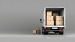 © photo for everything - trunk with moving cardboard packages outdoors. White delivery van and many different cardboard boxes on city street.
