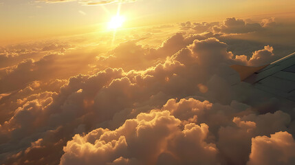 Wall Mural - A mesmerizing view captured from the window of an airplane, soaring high above the clouds and bathed in the soft golden light of the setting sun