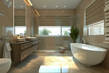 Wall Mural - Well-lit Bathroom spacious room. House mirror. Generate Ai