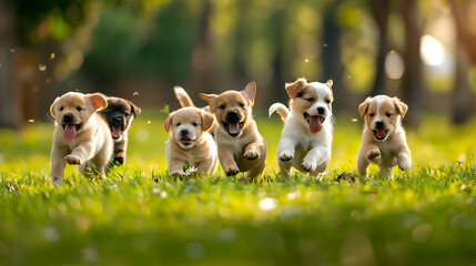 Wall Mural - A delightful image capturing a group of playful puppy dogs frolicking and running joyfully in a lush green grassy field, exuding boundless energy and enthusiasm