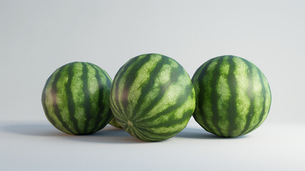 Wall Mural - Three ripe watermelons with distinctive green stripes on a light background, showcasing their vibrant and fresh appearance.