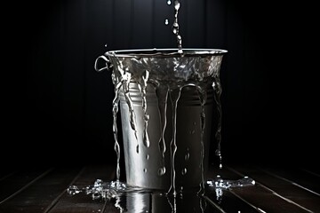 a metal bucket with water overflowing from the top. water is also running down the side of the bucke