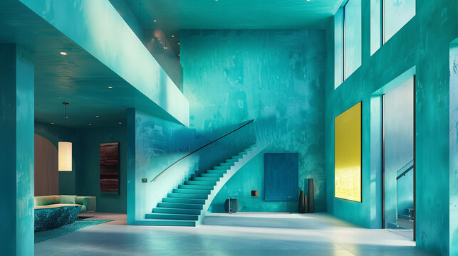 Contemporary entrance hall in vibrant turquoise, featuring a modern staircase and minimalist art in a U.S. setting.