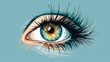 A vibrant digital illustration of a human eye with multicolored iris details against a soft blue background.