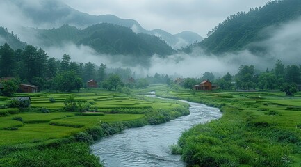 Wall Mural - A river flowing through the valley in rural China, with green grass and houses along its banks