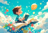 Fototapeta  - A cute little boy is reading an open book, sitting on top of colorful balloons and stars flying in the sky.