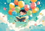 Fototapeta  - A cute little boy is reading an open book, sitting on top of colorful balloons floating in the air, with bright stars and bubbles around him. 