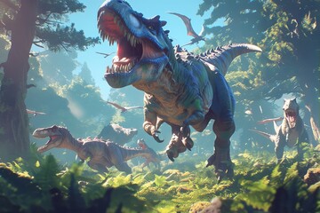 Wall Mural - A group of dinosaurs running in the forest, with sunlight shining on them and their mouths open. 