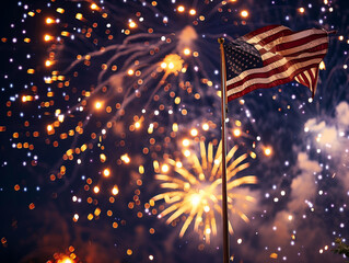 Wall Mural - The American flag is lit up with fireworks in the background