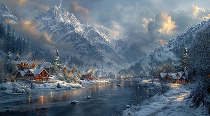 Wall Mural - a small town in the mountains, a river flows next to it and snowcovered houses stand along its bank
