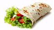 Tortilla wrap with meat and vegetables isolated on white