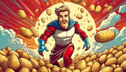 Der Superheld Kartoffelmann umgeben von Kartoffeln. Comic.