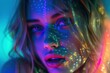 Futuristic Beautiful girl neon holographic. Violet modern studio light. Generate Ai