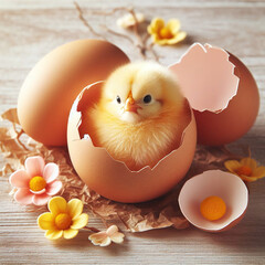 Adorable Spring Chick: Newborn Yellow Chick in Cracked Eggshell with Easter Eggs and Blossoms