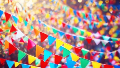 Wall Mural - 'party colorful celebrate decorated outdoor triangular confetti flags celebration birthday bunting flag festival garden tree carnival anniversary yellow red blue orange decoration h'