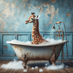 Bath Time Bliss: Cute smiling giraffe enjoying soaking soap in an old bathtub