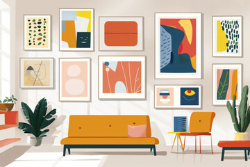 Wall Mural - Art photo frame wall cartoon design for gallery. Painting with abstract blob shape for poster to hang set. Minimal contemporary artwork collage for living room decoration. Geometry museum exhibition v
