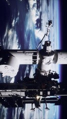 Wall Mural - spectacular panorama of the sun-kissed space station seen from a space probe revolving around the planet. elements furnished by NASA, vertical