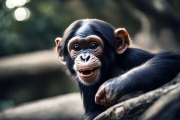 grin chimpanzee close silly happy text baby room portrait primate wildlife beast jungle safari head face africa african animal mammal zoo wild nature black sitting eye looking hairy endangered bonobo'