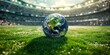Planet earth lies on a green lawn, on a European football field in a stadium with stands full of people.