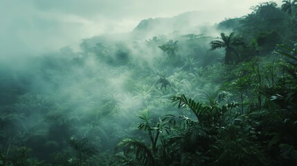 Wall Mural - Sun rays pierce through the mist in a dense, mysterious tropical jungle.