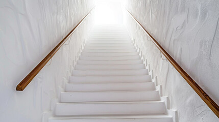 Wall Mural - Frost white stairs with a wooden handrail, full view from the base looking up.