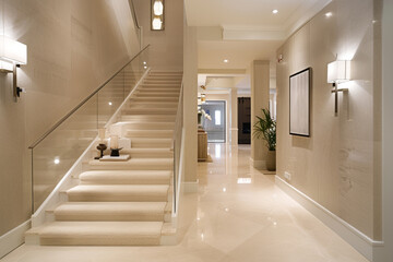 Wall Mural - Light beige entrance hall with a modern staircase and luxurious decor in an upscale American home.