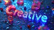 The letter of be creative in variant texture with bright light neon color at shimmer colorful crystal with texture of diamond and gemstone or colorful jewel scatter around with 3D design. Neon. AIG42.