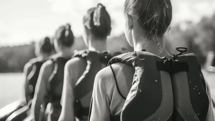 Wall Mural - A group of people wearing life jackets are standing in a line. Scene is serious and focused, as the group is likely preparing for a water activity or adventure