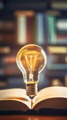 Wall Mural - A light bulb is lit up on top of an open book. The light bulb is glowing brightly, illuminating the pages of the book. Concept of curiosity and wonder, as if the light bulb is a symbol of knowledge