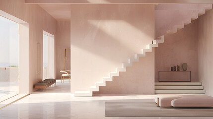 Wall Mural - Modern American entrance hall in blush pink, with a minimalist staircase and luxurious furnishings.