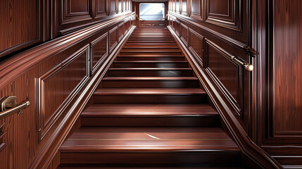 Wall Mural - Rich mahogany stairs with a sleek wooden handrail, full perspective view in warm tones.