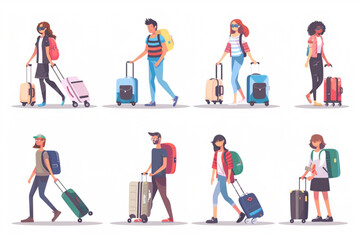 Wall Mural - People with suitcase travel by airplane or train. Cartoon vector illustration set of young man and woman carrying luggage. Vacation or business male and female travel passenger with baggage bag. vecto