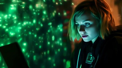 Wall Mural - A woman is looking at a computer screen in a dark room. The room is lit with green lights, creating a surreal atmosphere. The woman is focused on the screen, possibly working or browsing the internet