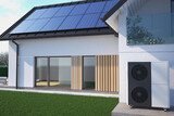 Fototapeta Panele - Heat pump next to the house and solar panels on the roof. The concept of an energy-efficient home. 3D illustration