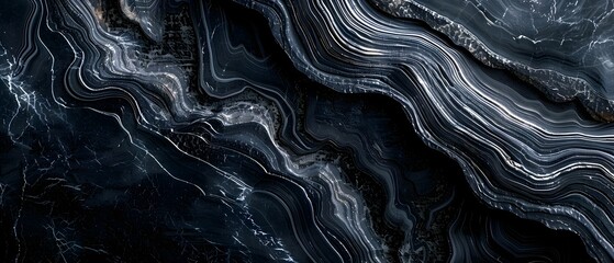 Poster - Black marble texture background with smooth wavy lines, elegant and modern design.
