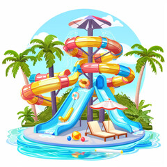 Wall Mural - Summer waterpark with water pools and slides. Cartoon vector illustration of amusement aquapark with bright waterslide, inflatable balls and rings, lounge chair under umbrella and palm trees vector ic