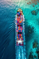 Wall Mural - Aerial view of cargo ship with colorful containers passing under commercial bridge