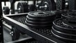 Close-up of black plates inside a weight training and gym environment. Gym environment with black weight lifting signs.