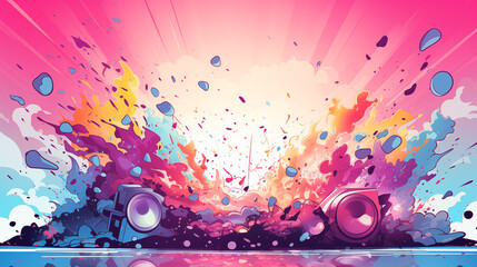 Dynamic Music Explosion with Splashing Colors and Speakers