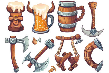 Wall Mural - Viking game icons set. Cartoon vector illustration kit of medieval warrior wooden and metal accessories - drink horn and mug of beer with foam, horned helmet and axe. Ancient tool gui props. vector ic