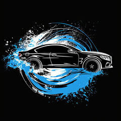 car wash logo; car model with water splashes; black. blue and white; modern illustration.