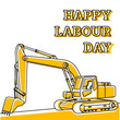 happy labour day banner design with excavator machine object in line style. cartoon doodle yellow and black colors. vector illustration