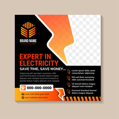 Poster - expert in electricity services promotional Square banner social media post or advertisment ads design template. copy space for photo collage. square layout. combination black and orange gradient color