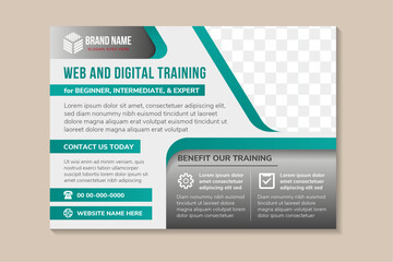 Poster - flyer template design with headline is web and digital training. space of photo collage and text. Advertising banner with horizontal layout. green gradient and white element in grey silver background.