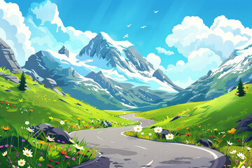 Wall Mural - Winding road on mountain background. Vector cartoon illustration of curvy highway on green hill with grass and summer flowers, glacier on rocky peaks, fluffy clouds in blue sky, travel game backdrop v